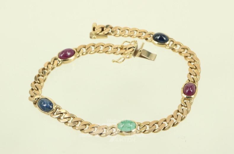 Flachpanzer-Armband, besetzt mit 5 Edelsteinen, 2 x Rubin, 1 Smaragd, 2 x Saphir