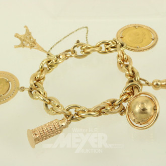 Bettelarmband mit 6 Anhängern, darunter 2 Goldmünzen