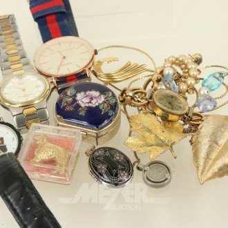 Posten Modeschmuck, u.a. Armbanduhren, Pillendose
