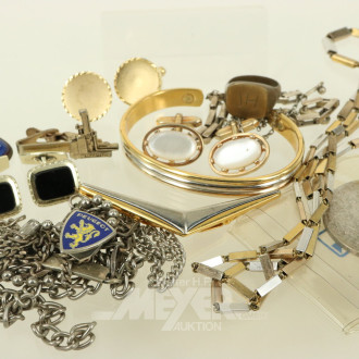 Posten Modeschmuck, teilw. Silber, u.a. Armreif, Manschettenknöpfe, Münze