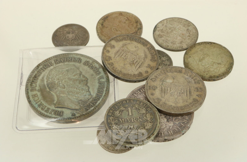 kl. Konvolut Silbermünzen Dt. Kaiserreich und Dt. Reich, best. aus: