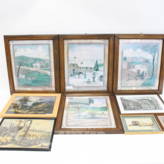 9 Druckgrafiken mit häuslichen, städtischen und landschaftlichen Darstellungen