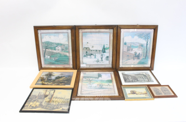 9 Druckgrafiken mit häuslichen, städtischen und landschaftlichen Darstellungen