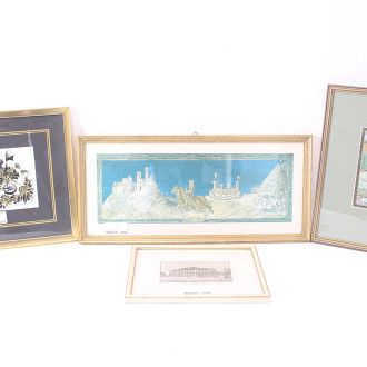 4 kleine Bilder "Reiter zwischen Burgen"  "Galanter Antrag"  "Pferd mit Wagen"  "Das Hoftheater"