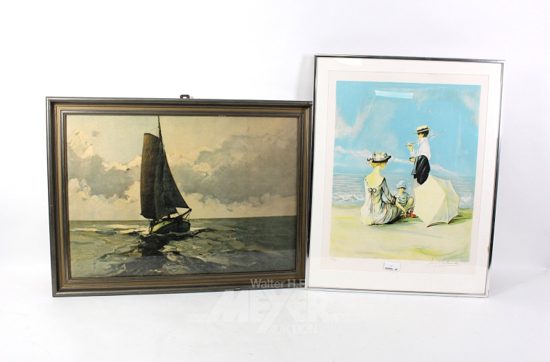 2 Kunstdrucke 'Junge Familie am Strand' und 'Segelschiff'