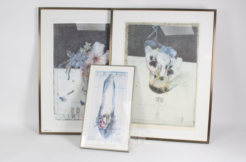 3 versch. Kunstdrucke 'Blüten' und 'Damenschuh'