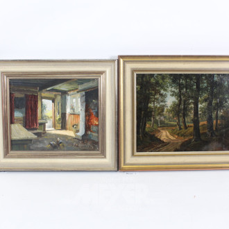 2 Gemälde 'Bäuerliches Interieur' und 'Feldweg'