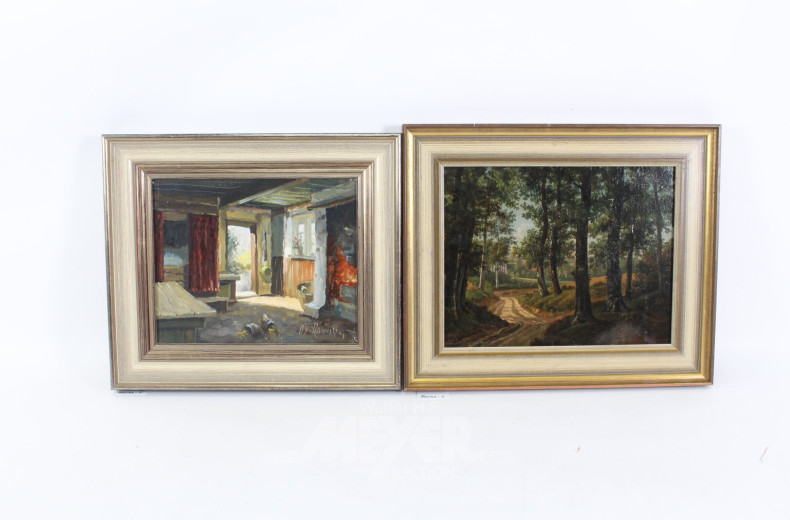 2 Gemälde 'Bäuerliches Interieur' und 'Feldweg'