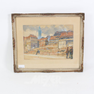 Aquarell 'Stadtansicht mit Bauarbeiter'