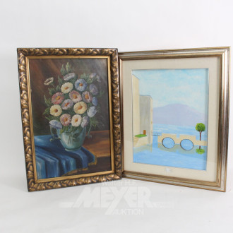 2 Gemälde 'Blumenstillleben' und 'Riva'