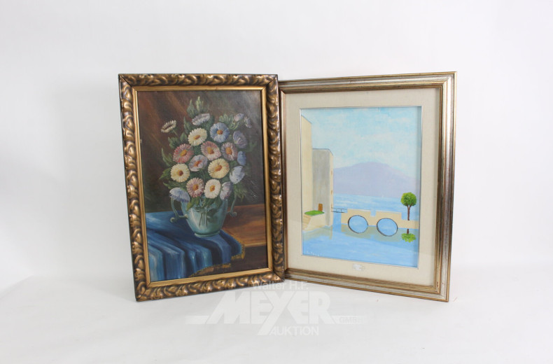 2 Gemälde 'Blumenstillleben' und 'Riva'
