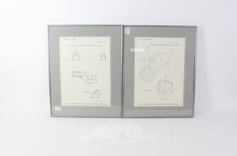 5 Druckgrafiken mit Abbildungen aus der darstellenden Geometrie