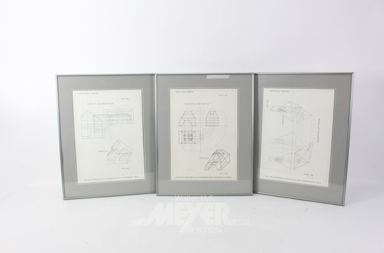 5 Druckgrafiken mit Abbildungen aus der darstellenden Geometrie