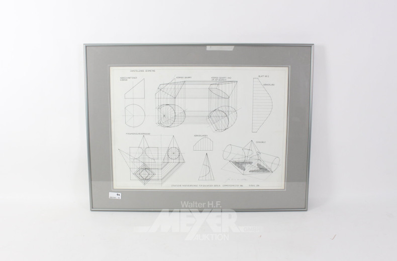 4 Druckgrafiken mit Abbildungen aus der darstellenden Geometrie