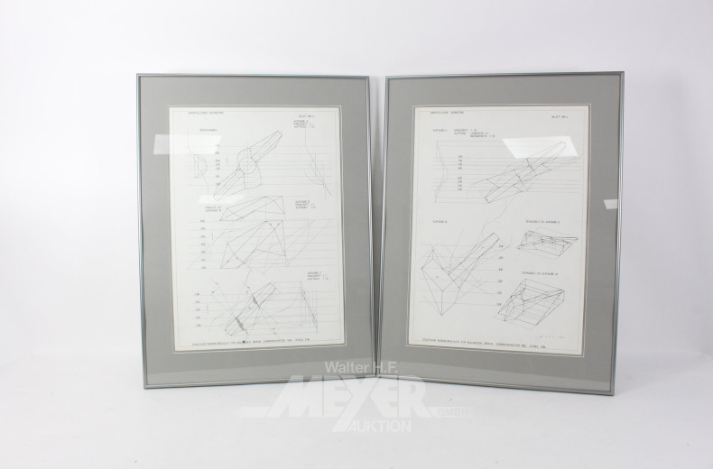4 Druckgrafiken mit Abbildungen aus der darstellenden Geometrie