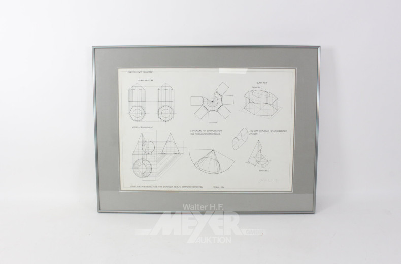 4 Druckgrafiken mit Abbildungen aus der darstellenden Geometrie