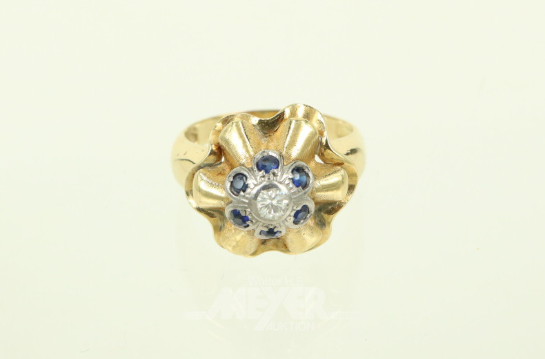 Damenring, besetzt mit 1 Brillanten und 6 kl. Saphiren