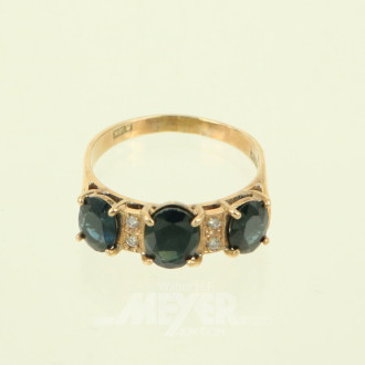 Damenring, besetzt mit 3 Saphiren, oval facettiert sowie 4 kl. Diamanten