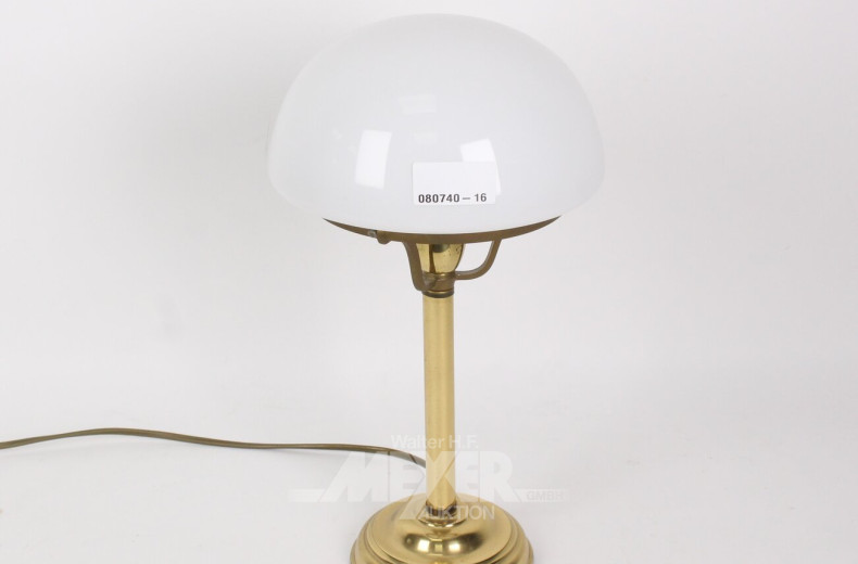 Tischlampe, messingfarbener Fuß, Milchglasschirm
