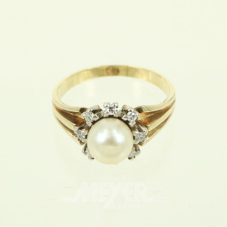 Damenring, besetzt mit 1 Zuchtperle und 6 kl. Besatz-Diamanten