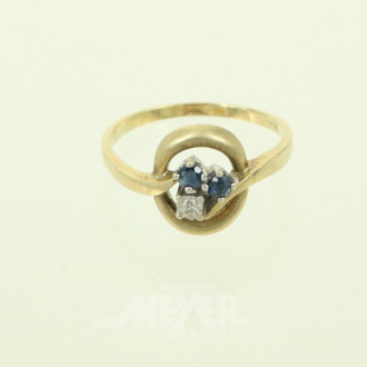 Damenring, besetzt mit 1 kl. Diamanten und 2 Saphiren