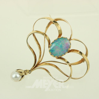 Designbrosche, besetzt mit 1 Opaltriplette und 1 Perlanhänger