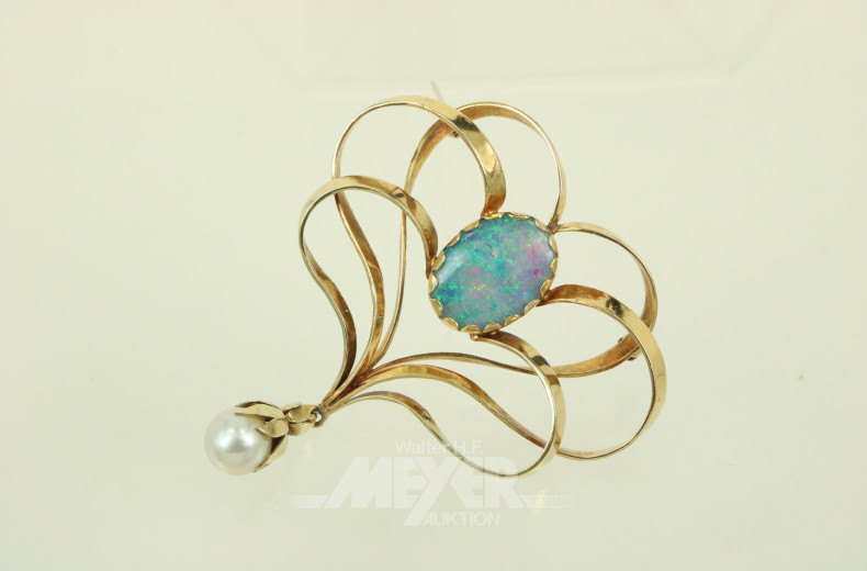 Designbrosche, besetzt mit 1 Opaltriplette und 1 Perlanhänger