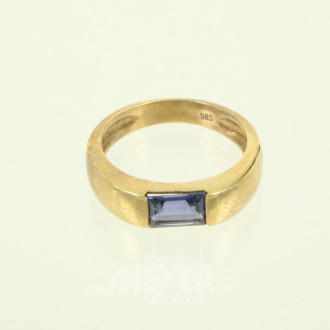 Damen-Bandring, besetzt mit 1 blauen Farbstein-Baguette