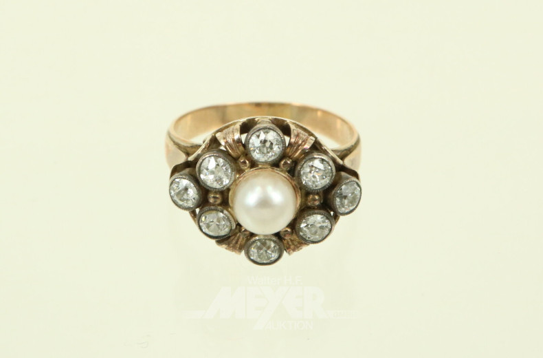 Damenring, besetzt mit 1 Perle und 8 kl. Altschliff-Diamanten
