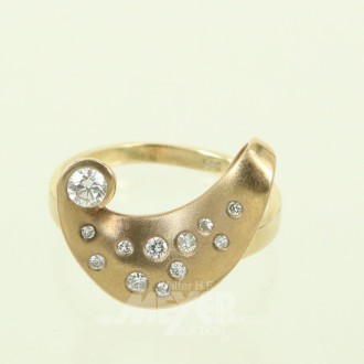 moderner Damenring, besetzt mit 12 Brillanten in versch. Größen, geschwungener Ringkopf mattiert