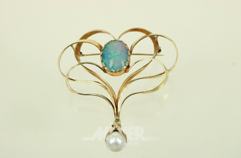 Designbrosche, besetzt mit 1 Opaltriplette und 1 Perlanhänger