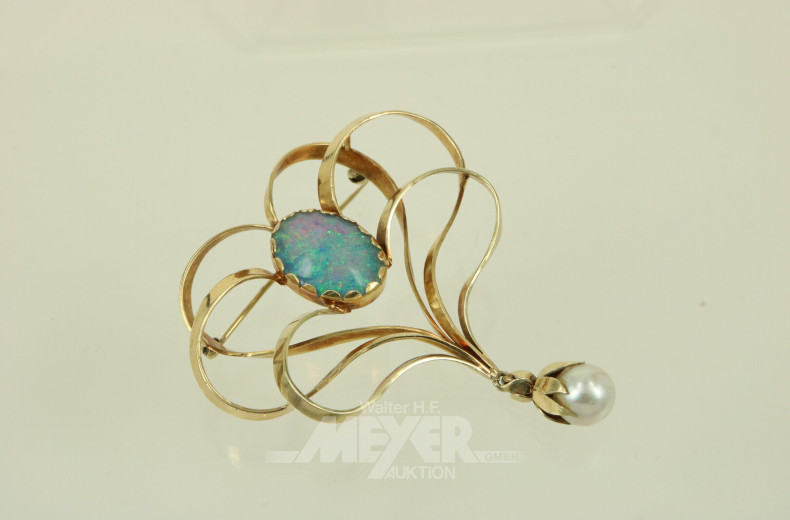 Designbrosche, besetzt mit 1 Opaltriplette und 1 Perlanhänger