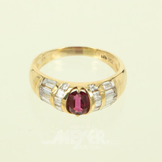 Damen-Bandring, besetzt mit 1 Rubin und kl. Diamanten im Baguettschliff