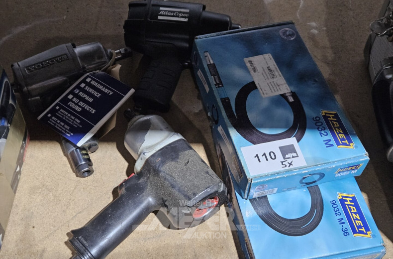 Pos. Drucklufttechnik, u.a. 3 x Schlagschrauber ATLAS COPCO, 2 x Druckluftstabschleifer HAZET