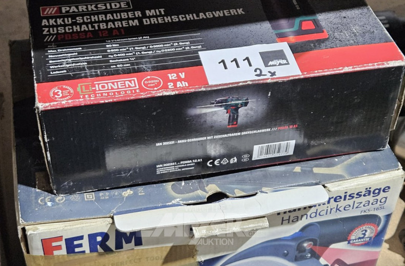 2 Handmaschinen, u.a. Handkreissäge FERM, 1 Akkuschrauber PARKSIDE