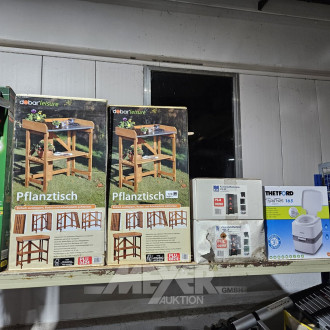 Pos. Hausrat, u.a. 2 x Pflanzentische, OVB, 2 Kunststoff-Kellerregale, Campingtoilette, Heißluftfritteuse etc.