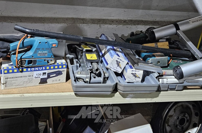 Pos. div. Handmaschinen, u.a. Elektro-Kettensäge BLACK & DECKER, Bandschleifer, Deltaschleifer, Stichsäge, Tigersäge BOSCH, Oberfräse BOSCH