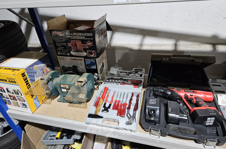 Pos. Hand- und Montagewerkzeug sowie div. Maschinen, u.a. Doppel-Schleifbock MEISTER, Akkuschrauber, Lötpistole,