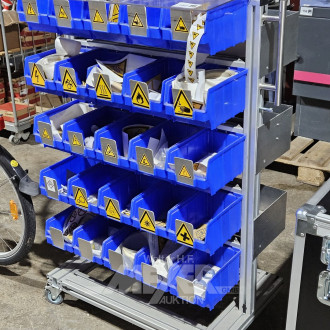 Werkstatt-Organizer-Regal mit div. Stapel-Sortierkästen, mit Alusystemständer, rollbar, Eigenbau