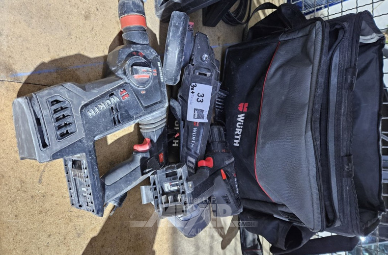 Akku-Schlagbohrhammer u. 1 Akku-Winkelschleifer, 1 Akku-Schrauber, Ladegerät (M-Cube18V), 1 Akku