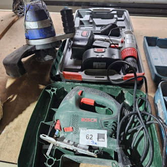 3 Handmaschinen, u.a. Stichsäge BOSCH, Akkuschrauber, elektr. Motorsense LUXTOOLS