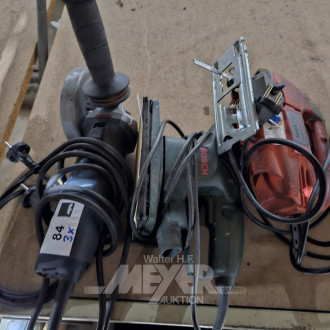 3 Handmaschinen, u.a. 1 x Winkelschleifmaschine BOSCH, 1 x Rutscherschleifer BOSCH, 1 x Stichsäge PATTFIELD