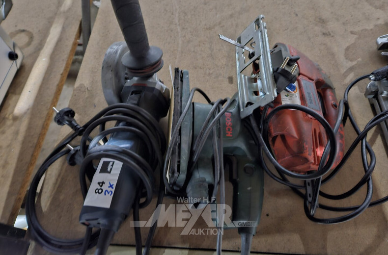3 Handmaschinen, u.a. 1 x Winkelschleifmaschine BOSCH, 1 x Rutscherschleifer BOSCH, 1 x Stichsäge PATTFIELD