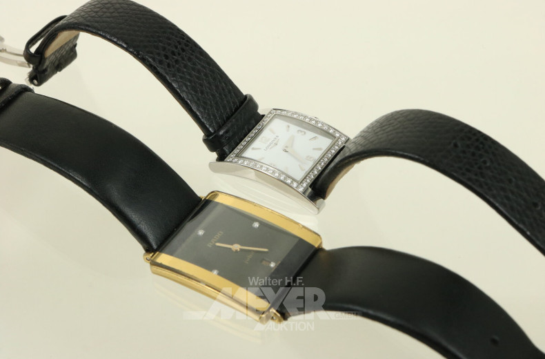 2 kl. Damenarmbanduhren, Rado und Longines, Stahl, Quarzwerke mit Lederband