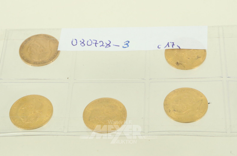 5 Goldmünzen, best. aus 4x Österreich 4 Florin 1892 NP und 1x Preussen 10 Mark 1877