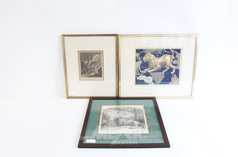 3 Druckgrafiken mit Löwendarstellungen