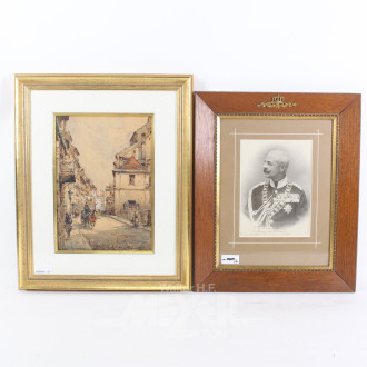 Aquarell 'Stadtansicht mit Fuhrwerk' und 1 Druck 'Großherzog von Oldenburg'