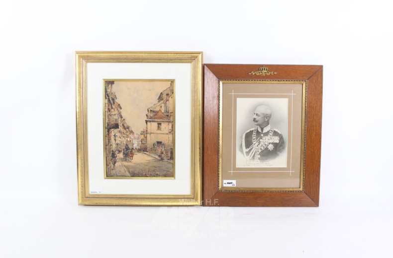 Aquarell 'Stadtansicht mit Fuhrwerk' und 1 Druck 'Großherzog von Oldenburg'