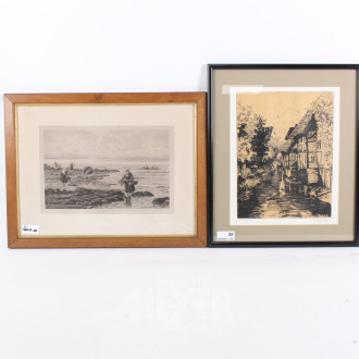 2 Druckgrafiken 'Muschelsammlerin' und 'Fachwerkhäuser'
