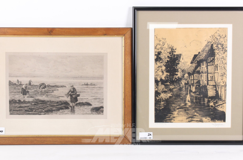 2 Druckgrafiken 'Muschelsammlerin' und 'Fachwerkhäuser'